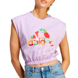 NWT Farm Rio x adidas crop top, sleeveless, graphic tee with logo, size large.
